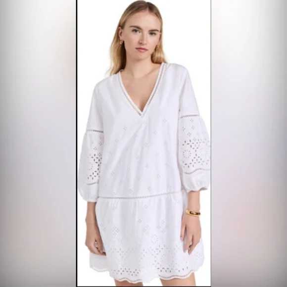 CLUB MONACO Women's Eyelet lightly lined Mini Dress 3/4 Sleeve White. Loose fit - Picture 2 of 11